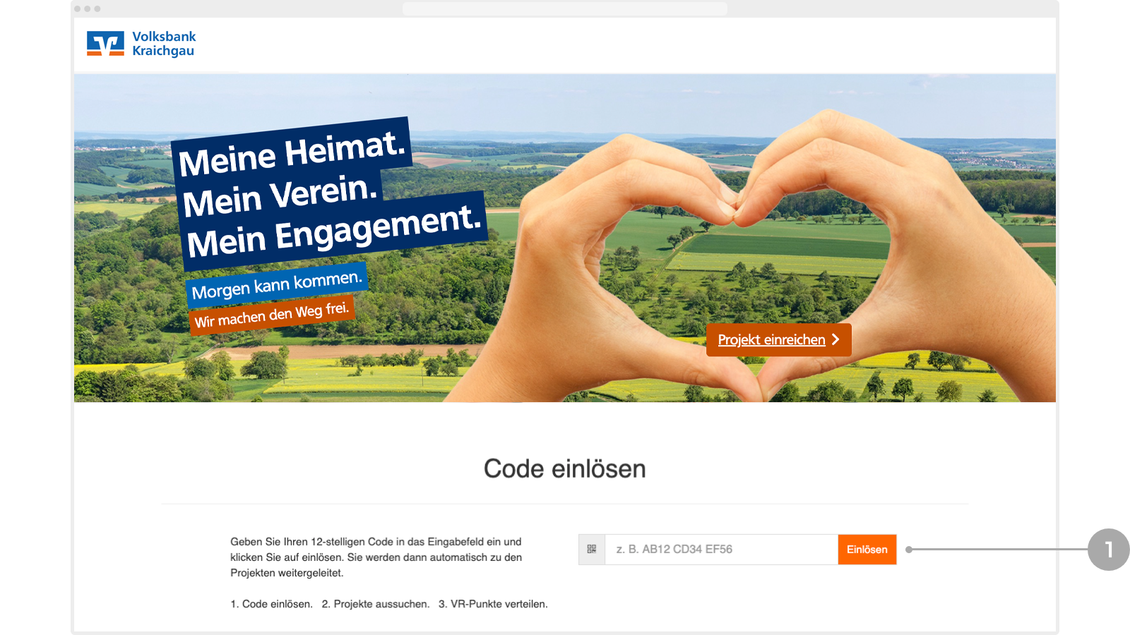 Abbildung: Eingabefeld für den Code auf der Startseite mit 'Einlösen'-Button.
